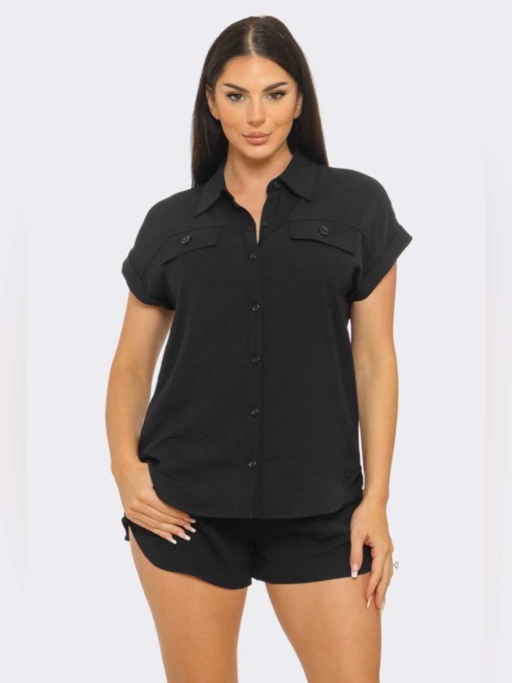 Women's Short-Sleeve Button-Down Shirt and short set Black